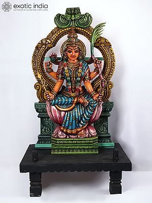 67" Large Goddess Rajarajeshvari Wood Carved Statue with Kirtimukha Prabhavali | Tripura Sundari Idol