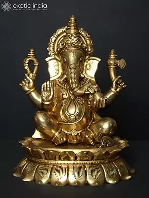 11" Chaturbhuja Ganesha Idol Seated on Lotus | Brass Statue