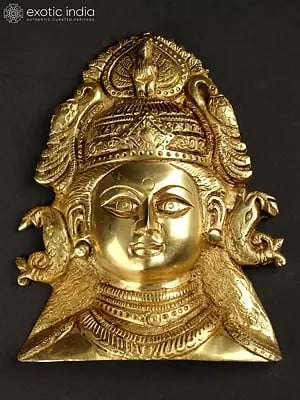6" Brass Goddess Durga Wall Hanging Mask with Fish Shaped Earrings