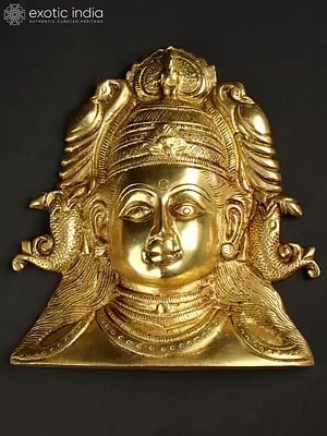 8" Brass Goddess Durga Mask with Fish Shaped Earrings | Wall Hanging