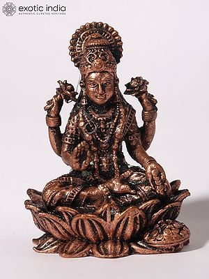 2" Small Blessing Goddess Lakshmi Idol Seated on Lotus | Copper Statue