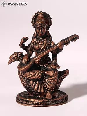 2" Small Devi Saraswati Idol Seated on Swan | Copper Statue