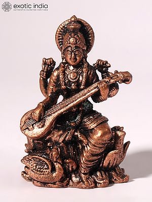 2" Four-Armed Goddess Saraswati Idol Seated on Lotus | Copper Statue