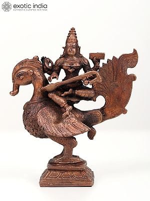6" Small Goddess Saraswati Seated on Swan | Copper Statue