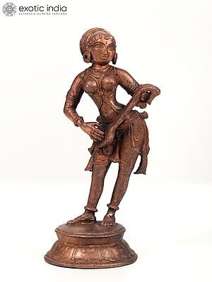 6" Small Copper Statue of Apsara Playing Musical Instrument