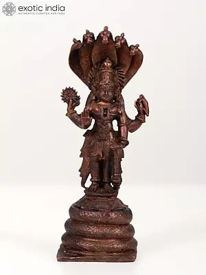 6" Small Lord Vishnu Standing on Sheshnag in Blessing Gesture | Copper Statue