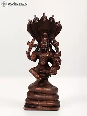 5" Copper Statue of Lakshmi Narasimha Seated on Sheshnag
