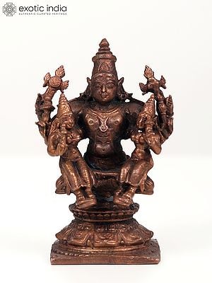 4" Small Lord Vishnu with His Consorts Sridevi and Bhudevi | Copper Statue