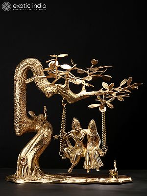 18" Radha Krishna Idol Swinging on Kadamba Tree | Brass Statue