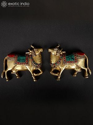 5" Small  Pair of Kamadhenu Cow in Brass with Inlay Work | Wall Decor