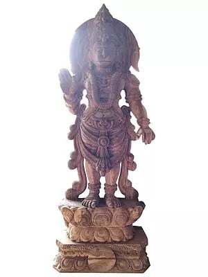 96" Wood Large Statue Of Lord Hanuman Standing On Lotus