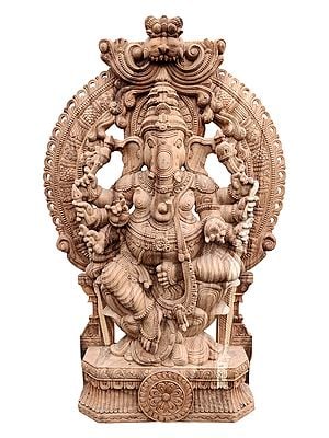 72" Wood Carved Large Statue Of Lord Ganpati On Lotus Throne