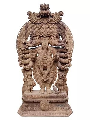 96" Wood Large Statue Of Panchamukhi Vishwaroopa Ganesha