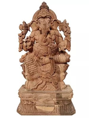 60" Lord Ganesha On Throne Large Idol Of Wood