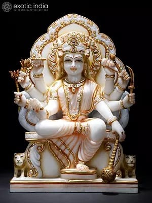 14" Eight Armed Goddess Durga Seated on Throne | White Marble Statue