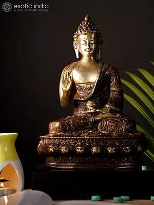 14" Blessing Buddha with Fully Carved Robe | Brass Statue on Wood Base