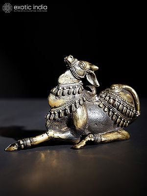 5" Small Decorated Nandi Brass and Stone Idol