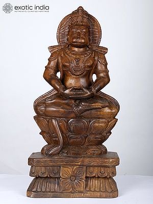 24" Lord Hanuman Seated on Lotus | Wood Carved Statue