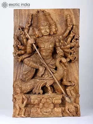24" Twelve Armed and Three Headed Lord Kattikeya Killing Demon Tarakasura | Wood Carved Statue