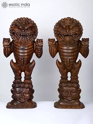 36" Large Pair of Yali | Wood Carved Statues
