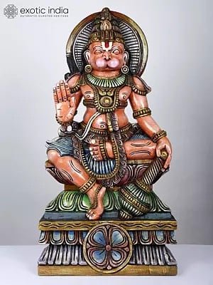 36" Large Colorful Blessing Lord Hanuman | Wood Carved Statue