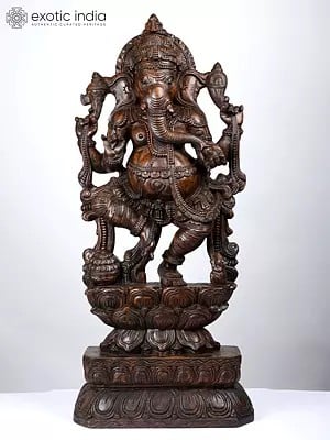 46" Large Dancing Lord Ganesha on Lotus | Wood Carved Statue