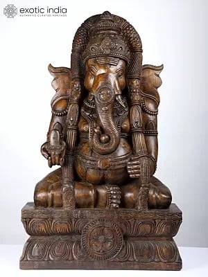 36" Large Sitting Lord Ganesha with Shivalinga | Wood Carved Statue