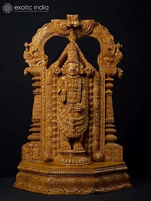 28" Lord Tirupati Balaji (Venkateshvara) with Kirtimukha Arch | Wood Carved Statue