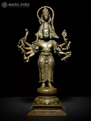 14" Ten Armed Standing Panchmukhi Hanuman Bronze Statue