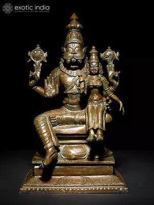 9" Lord Narasimha Seated with Devi Lakshmi | Bronze Statue