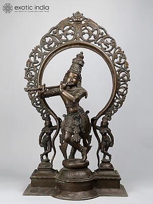 33" Large Lord Krishna Playing Flute with Kirtimukha Arch | Bronze Statue