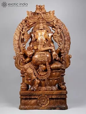 60" Large Six Armed Blessing Lord Ganesha Seated on Kirtimukha Throne | Fine Quality Wood Carved Statue