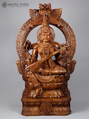 60" Large Four Armed Goddess Saraswati Seated on Kirtimukha Throne | Fine Quality Wood Carved Statue