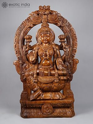 60" Blessing Goddess Lakshmi Seated on Kirtimukha Throne | Fine Quality Wood Carved Statue