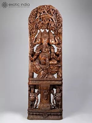 55" Large Three Headed Lord Ganesha Seated on Lotus | Wood Carved Statue