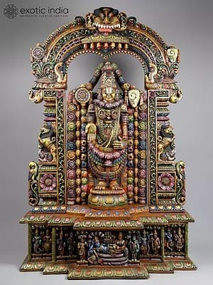 70" Large Colorful Tirupati Balaji (Venkateshvara) Standing on Kirtimukha Throne with Dashavatara at Bottom | Wood Carved Statue