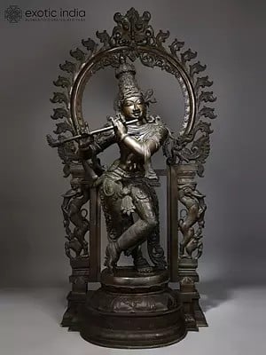 63" Large Lord Krishna Playing Flute with Kirtimukha Prabhavali | Bronze Statue