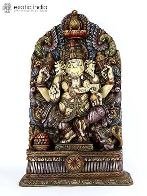 42" Large Four Armed Dancing Lord Ganesha | Colorful Wood Carved Statue