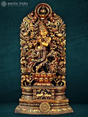 48" Kodi Peacock Krishna Sculpture | Wood Sculpture
