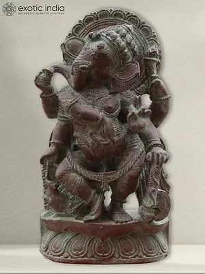36" Large Antique Finish Dancing Ganesha Idol | Stone Statue