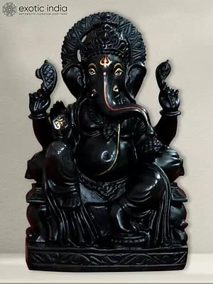 12" Lord Ganesha Seated On Throne | God Idol | Hand Carved