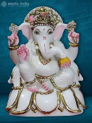 9" Sitting Ganesha On Lotus | Hand Carved | Decorative Sculpture