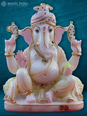 10" Lord Ganesha Wearing Turban | White Makrana Marble Statue