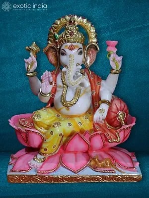10" Decorative Ganesha With Gold Ornaments | Hand Carved