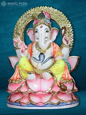 15" Colorful Lord Ganesha Idol | White Makrana Marble Statue