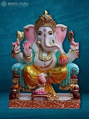 15" Lord Ganapati Sitting In Lalitasana | Hand Carved God Idol