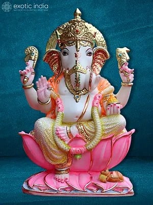 18" Lord Ganesha With Beautiful Garland | Marble Sculpture