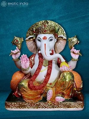 18" Lord Ganesha With Holding Astra | White Makrana Marble