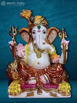 18" White Marble Hand Carved Ganesha Holding Trident
