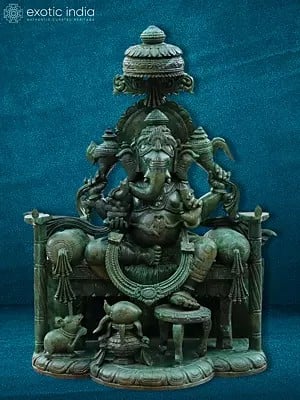 18" Ganapati Sitting On A Singhasan | Green Quartz Sculpture
